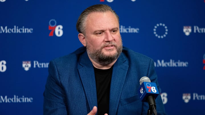 Dec 15, 2023; Philadelphia, Pennsylvania, USA; Philadelphia 76ers resident of Basketball Operations Daryl Morey speaks with the media before a game against the Detroit Pistons at Wells Fargo Center. Mandatory Credit: Bill Streicher-Imagn Images