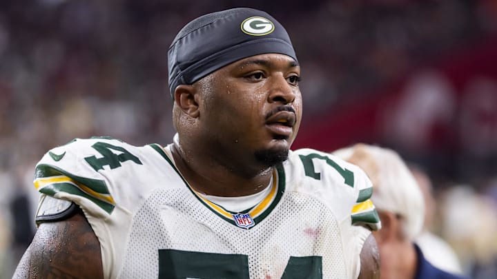 Oct 19, 2025; Glendale, Arizona, USA; Green Bay Packers center Elgton Jenkins (74) against the Arizona Cardinals at State Farm Stadium. Mandatory Credit: Mark J. Rebilas-Imagn Images