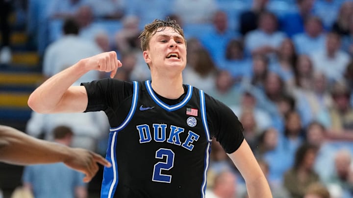 Mar 8, 2025; Chapel Hill, North Carolina, USA; Duke Blue Devils forward Cooper Flagg (2) reacts in the second half at Dean E. Smith Center. Mandatory Credit: Bob Donnan-Imagn Images Mar 8, 2025; Chapel Hill, North Carolina, USA; Duke Blue Devils forward Cooper Flagg (2) reacts in the second half at Dean E. Smith Center. Mandatory Credit: Bob Donnan-Imagn Images
