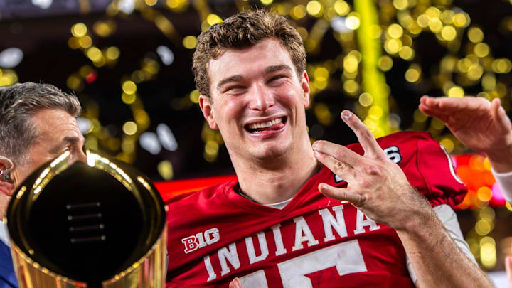 Indiana's Fernando Mendoza (15) smiles as he celebrates after the College Football Playoff National Championship college football game at Hard Rock Stadium in Miami Gardens on Monday, Jan. 19, 2026.