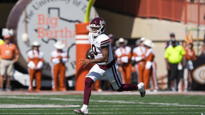 Sep 28, 2024; Austin, Texas, USA;  Mississippi State Bulldogs quarterback Michael Van Buren Jr. (0) runs the ball in the first half against the Texas Longhorns at Darrell K Royal-Texas Memorial Stadium. Mandatory Credit: Daniel Dunn-Imagn Images