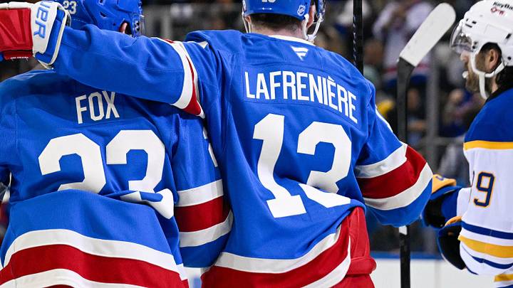 Apr 8, 2026; New York, New York, USA; New York Rangers defenseman Adam Fox (23) celebrates his goal with New York Rangers left wing Alexis Lafrenière (13) against the Buffalo Sabres during the second period at Madison Square Garden. Apr 8, 2026; New York, New York, USA; New York Rangers defenseman Adam Fox (23) celebrates his goal with New York Rangers left wing Alexis Lafrenière (13) against the Buffalo Sabres during the second period at Madison Square Garden.