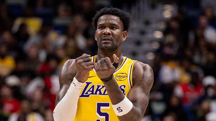 Los Angeles Lakers center Deandre Ayton reacts to a play against the New Orleans Pelicans during the second half at Smoothie King Center. Los Angeles Lakers center Deandre Ayton reacts to a play against the New Orleans Pelicans during the second half at Smoothie King Center.