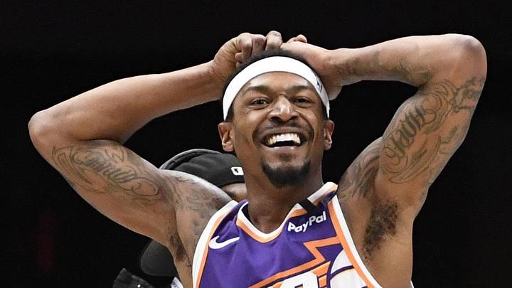 Jan 7, 2025; Charlotte, North Carolina, USA;  Phoenix Suns guard Bradley Beal (3) reacts after scoring during the first half against the Charlotte Hornets at the Spectrum Center. Mandatory Credit: Sam Sharpe-Imagn Images