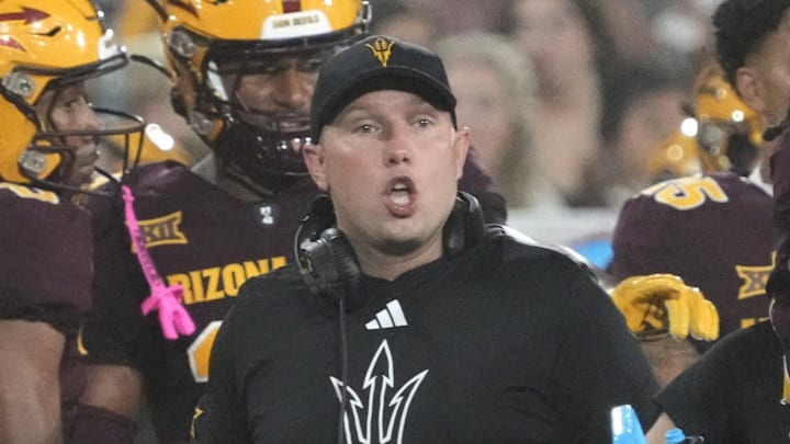 Arizona State Sun Devils head coach Kenny Dillingham talks to his team during a football game against the Northern Arizona Lumberjacks at Mountain America Stadium in Tempe on Aug. 30, 2025. Arizona State Sun Devils head coach Kenny Dillingham talks to his team during a football game against the Northern Arizona Lumberjacks at Mountain America Stadium in Tempe on Aug. 30, 2025.