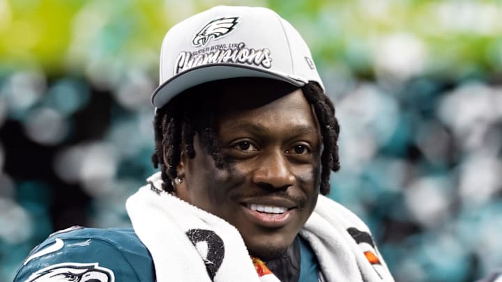 Feb 9, 2025; New Orleans, LA, USA; Philadelphia Eagles wide receiver A.J. Brown (11) celebrates after defeating the Kansas City Chiefs during Super Bowl LIX at Ceasars Superdome. Mandatory Credit: Mark J. Rebilas-Imagn Images