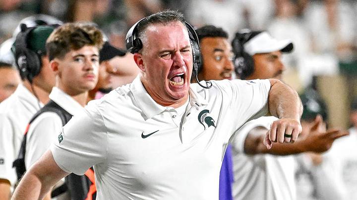 Michigan State’s head coach Pat Fitzgerald reacts after what looked like a face mask penalty against Toledo during the fourth quarter on Friday, Sept. 4, 2026, at Spartan Stadium in East Lansing.