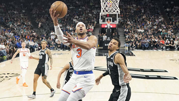 Mar 29, 2024; San Antonio, Texas, USA; New York Knicks forward Josh Hart (3) drives to the basket past San Antonio Spurs forward Victor Wembanyama (1) during the first half at Frost Bank Center. Mandatory Credit: Scott Wachter-Imagn Images Mar 29, 2024; San Antonio, Texas, USA; New York Knicks forward Josh Hart (3) drives to the basket past San Antonio Spurs forward Victor Wembanyama (1) during the first half at Frost Bank Center. Mandatory Credit: Scott Wachter-Imagn Images