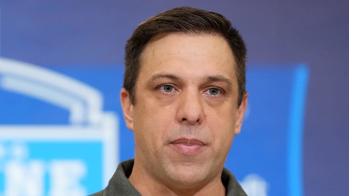 Feb 24, 2026; Indianapolis, IN, USA; Kansas City Chiefs general manager Brett Veach speaks at the NFL Scouting Combine at the Indiana Convention Center. Mandatory Credit: Kirby Lee-Imagn Images