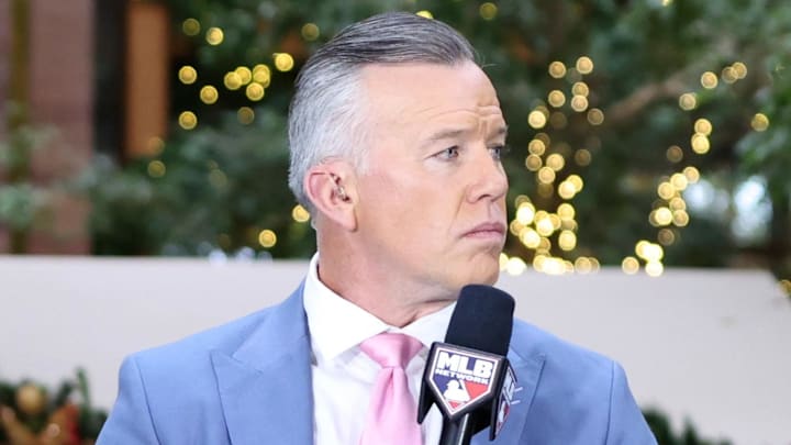 Dec 10, 2024; Dallas, TX, USA; (L to R) MLB Network hosts Greg Amsinger, Mark DeRosa and Sean Casey talk to Arizona Diamondbacks manager Torey Lovullo at the Hilton Anatole during the 2024 MLB Winter Meeting