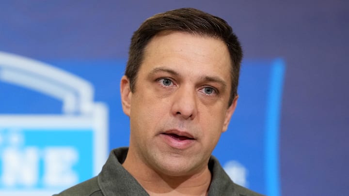 Feb 24, 2026; Indianapolis, IN, USA; Kansas City Chiefs general manager Brett Veach speaks at the NFL Scouting Combine at the Indiana Convention Center. Mandatory Credit: Kirby Lee-Imagn Images