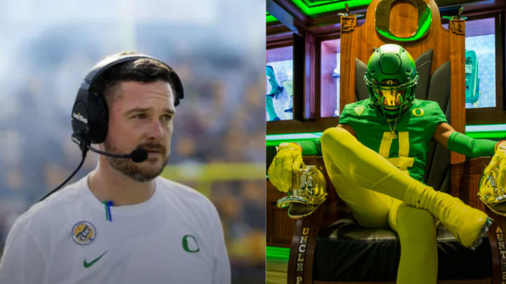 Oregon Ducks coach Dan Lanning, receiver Dakorien Moore