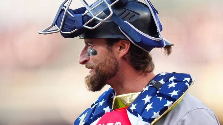 Jul 4, 2026; Denver, Colorado, USA; San Francisco Giants catcher Eric Haase (18) during the first inning against the Colorado Rockies at Coors Field. Mandatory Credit: Ron Chenoy-Imagn Images