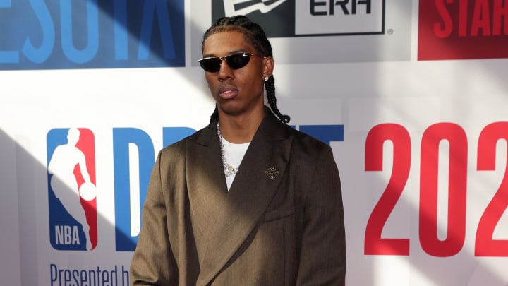 Jun 26, 2024; Brooklyn, NY, USA; Cody Williams arrives for the first round of the 2024 NBA Draft at Barclays Center. Mandatory Credit: Brad Penner-USA TODAY Sports