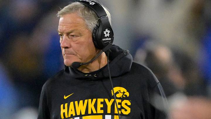Nov 8, 2024; Pasadena, California, USA;  Iowa Hawkeyes head coach Kirk Ferentz on the sidelines during the second half against the UCLA Bruins at the Rose Bowl. Mandatory Credit: Jayne Kamin-Oncea-Imagn Images