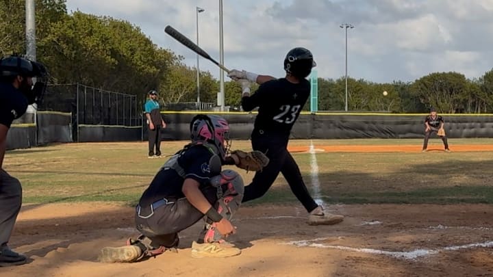 Archbishop McCarthy's Miguel Delgado blisters a double down the third base line in a Class 5A, regional quarterfinals win against Heritage. The Mavericks won the game, 11-1, advancing to the regional semifinals.