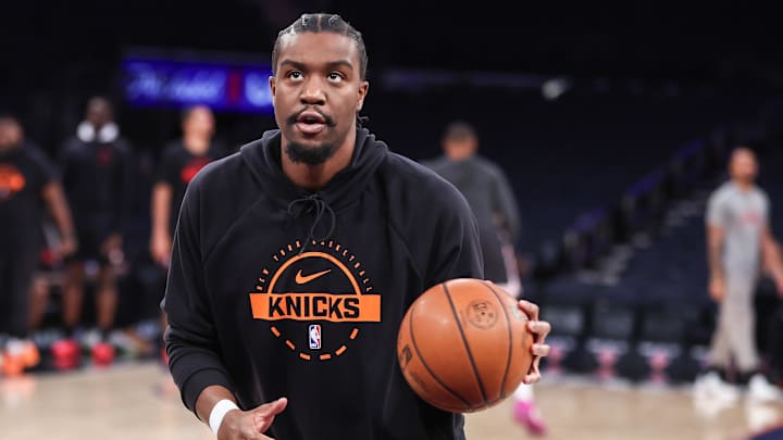 Jan 2, 2026; New York, New York, USA;  New York Knicks forward Guerschon Yabusele (28) warms up prior to the game against the Atlanta Hawks at Madison Square Garden. Mandatory Credit: Wendell Cruz-Imagn Images