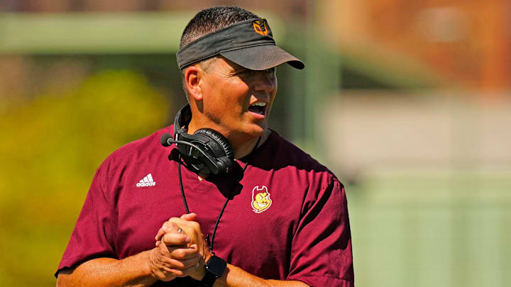 Arizona State defensive coordinator Brian Ward runs a drill for his secondary during the first day of fall practice in Tempe, Ariz. on July 30, 2025. Arizona State defensive coordinator Brian Ward runs a drill for his secondary during the first day of fall practice in Tempe, Ariz. on July 30, 2025.