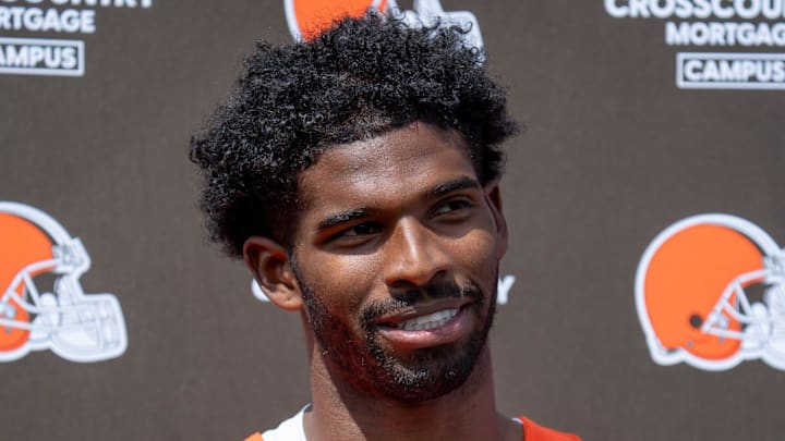 Shedeur Sanders answers media questions at the end of the Browns mini camp in Berea. Shedeur Sanders answers media questions at the end of the Browns mini camp in Berea.
