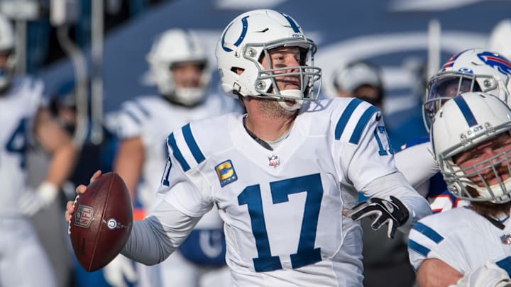Jan 9, 2021; Orchard Park, New York, USA; Indianapolis Colts quarterback Philip Rivers (17) looks to throw a pass in the second quarter wildcard playoff game against the Buffalo Bills at Bills Stadium. Jan 9, 2021; Orchard Park, New York, USA; Indianapolis Colts quarterback Philip Rivers (17) looks to throw a pass in the second quarter wildcard playoff game against the Buffalo Bills at Bills Stadium.