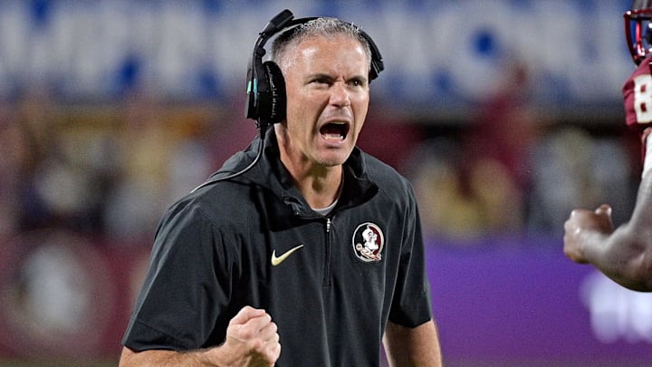 Sep 3, 2023; Orlando, Florida, USA; Florida State Seminoles head coach Mike Norvell is excited during the fourth quarter against the Louisiana State Tigers at Camping World Stadium. Mandatory Credit: Melina Myers-Imagn Images