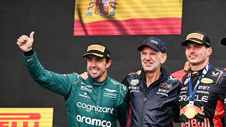 Jun 18, 2023; Montreal, Quebec, CAN; Podium of the Canadian Grand Prix (starting from left) in second place Aston Martin driver Fernando Alonso (ESP), Red Bull Racing technology director Ardian Newey, in first place Red Bull Racing driver Max Verstappen (NED) and in third place Mercedes driver Lewis Hamilton (GBR) at Circuit Gilles Villeneuve. Mandatory Credit: David Kirouac-Imagn Images Jun 18, 2023; Montreal, Quebec, CAN; Podium of the Canadian Grand Prix (starting from left) in second place Aston Martin driver Fernando Alonso (ESP), Red Bull Racing technology director Ardian Newey, in first place Red Bull Racing driver Max Verstappen (NED) and in third place Mercedes driver Lewis Hamilton (GBR) at Circuit Gilles Villeneuve. Mandatory Credit: David Kirouac-Imagn Images