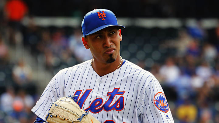 Aug 11, 2019; New York City, NY, USA; New York Mets relief pitcher Edwin Diaz (39) reacts after giving up a two run home run against the Washington Nationals during the ninth inning at Citi Field. Mandatory Credit: Andy Marlin-Imagn Images