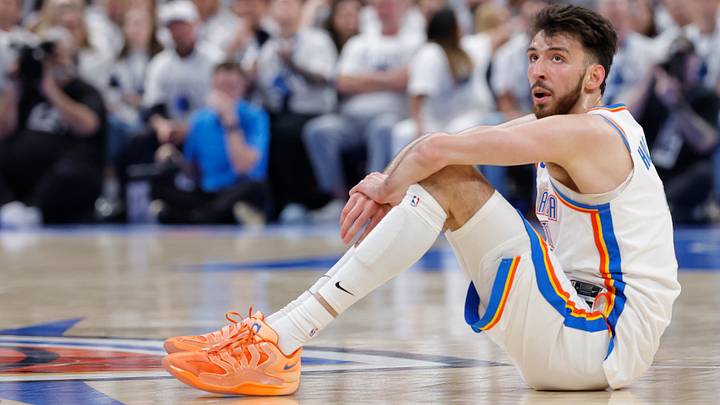 May 26, 2026; Oklahoma City, Oklahoma, USA; Oklahoma City Thunder center Chet Holmgren (7) reacts after a play during the third quarter against the San Antonio Spurs in game five of the western conference finals for the 2026 NBA playoffs at Paycom Center. Mandatory Credit: Alonzo Adams-Imagn Images May 26, 2026; Oklahoma City, Oklahoma, USA; Oklahoma City Thunder center Chet Holmgren (7) reacts after a play during the third quarter against the San Antonio Spurs in game five of the western conference finals for the 2026 NBA playoffs at Paycom Center. Mandatory Credit: Alonzo Adams-Imagn Images