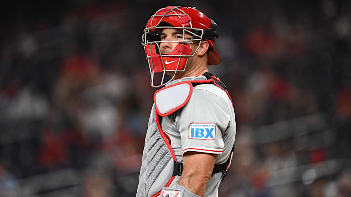 Sep 27, 2024; Washington, District of Columbia, USA;  Philadelphia Phillies catcher J.T. Realmuto (10) looks out to the crowd during the first inning against the Washington Nationals at Nationals Park