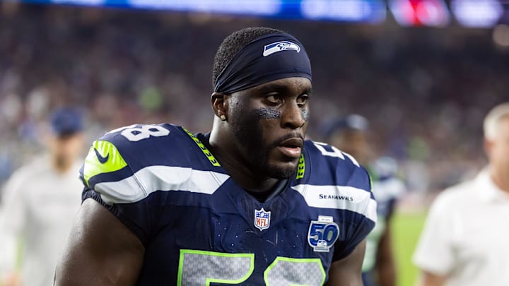 Sep 25, 2025; Glendale, Arizona, USA; Seattle Seahawks linebacker Derick Hall (58) against the Arizona Cardinals at State Farm Stadium. Mandatory Credit: Mark J. Rebilas-Imagn Images