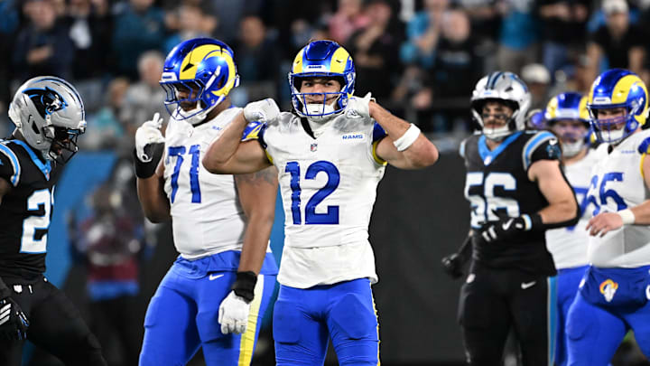Jan 10, 2026; Charlotte, NC, USA; Los Angeles Rams wide receiver Puka Nacua (12) reacts against the Carolina Panthers in the second half during the NFC Wild Card Round game at Bank of America Stadium. Mandatory Credit: Bob Donnan-Imagn Images Jan 10, 2026; Charlotte, NC, USA; Los Angeles Rams wide receiver Puka Nacua (12) reacts against the Carolina Panthers in the second half during the NFC Wild Card Round game at Bank of America Stadium. Mandatory Credit: Bob Donnan-Imagn Images