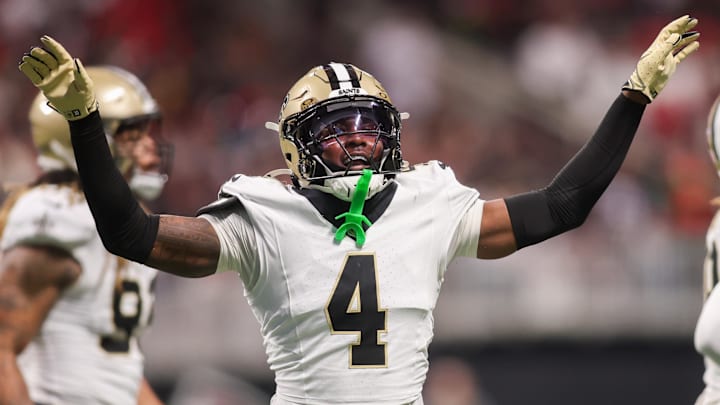 New Orleans Saints cornerback Kool-Aid McKinstry (4) reacts after a play against the Atlanta Falcons