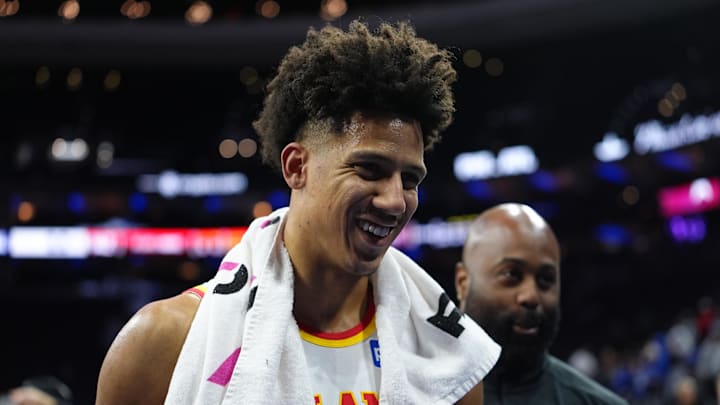Jalen Johnson reacts after the game against the Philadelphia 76ers at Xfinity Mobile Arena