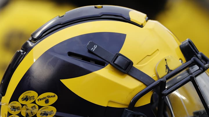 Apr 1, 2023; Ann Arbor, MI, USA;   Michigan Wolverines helmet on the sideline during the Spring Game at Michigan Stadium. Mandatory Credit: Rick Osentoski-USA TODAY Sports