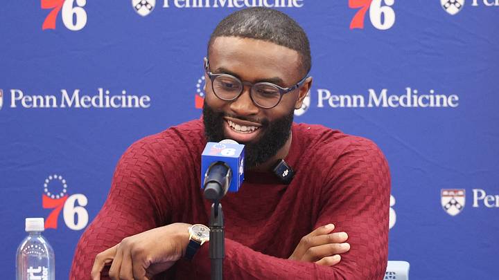 Aug 6, 2026; Camden, NJ, USA; Philadelphia 76ers guard Jaylen Brown speaks with the media during his introductory press conference at the Francis J. Myers Recreation Center. Mandatory Credit: Bill Streicher-Imagn Images