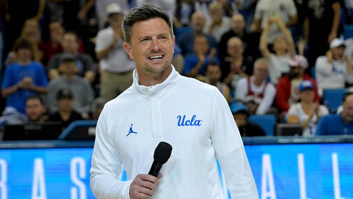 Jan 31, 2026; Los Angeles, California, USA; UCLA Bruins head football coach Bob Chesney is introduced during the basketball game against the Indiana Hoosiers at Pauley Pavilion presented by Wescom Financial. Mandatory Credit: Jayne Kamin-Oncea-Imagn Images