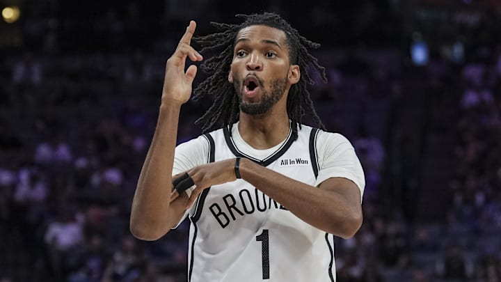Mar 22, 2026; Sacramento, California, USA; Brooklyn Nets forward Ziaire Williams (1) reacts after a three-point basket during the second quarter against the Sacramento Kings at Golden 1 Center. Mandatory Credit: Justine Willard-Imagn Images
