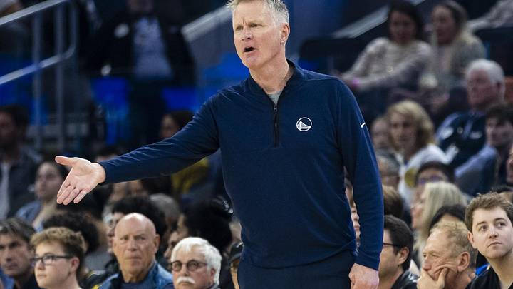 Dec 20, 2025; San Francisco, California, USA; Golden State Warriors head coach Steve Kerr reacts during the first quarter against the Phoenix Suns at Chase Center. Mandatory Credit: John Hefti-Imagn Images
