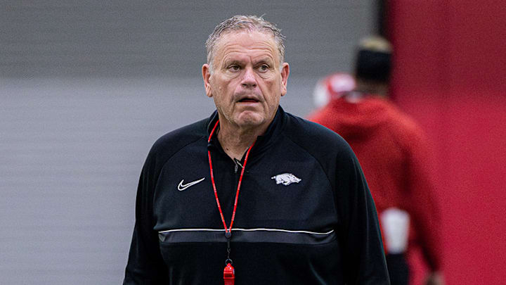 Arkansas Razorbacks coach Sam Pittman at spring practice in the indoor football facility in Fayetteville, Ark.