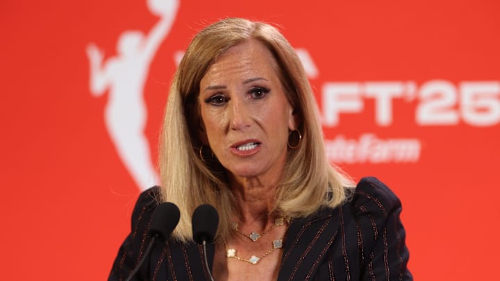 Apr 14, 2025; New York, New York, USA; WNBA commissioner Cathy Engelbert talks to the media before the 2025 WNBA Draft at The Shed at Hudson Yards. Mandatory Credit: Vincent Carchietta-Imagn Images