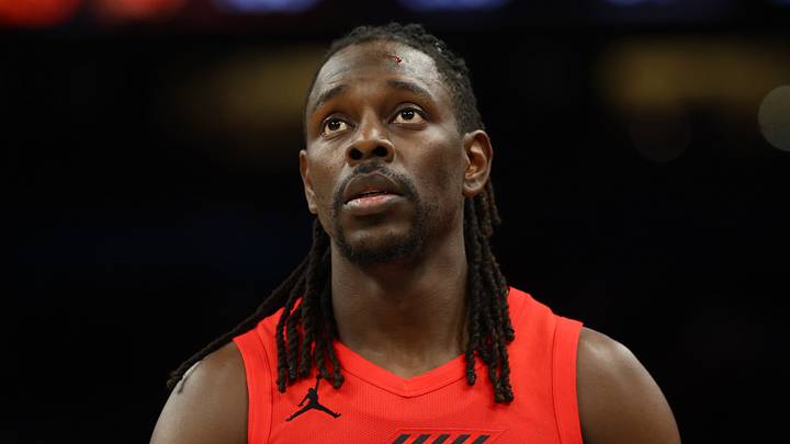 Apr 14, 2026; Phoenix, Arizona, USA; Portland Trail Blazers guard Jrue Holiday (5) against the Phoenix Suns during the play-in rounds of the 2026 NBA Playoffs at Mortgage Matchup Center. Mandatory Credit: Mark J. Rebilas-Imagn Images