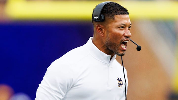 Notre Dame head coach Marcus Freeman celebrates after an interception by cornerback Christian Gray during the first half of a NCAA football game against Purdue at Notre Dame Stadium on Saturday, Sept. 20, 2025, in South Bend. Notre Dame head coach Marcus Freeman celebrates after an interception by cornerback Christian Gray during the first half of a NCAA football game against Purdue at Notre Dame Stadium on Saturday, Sept. 20, 2025, in South Bend.