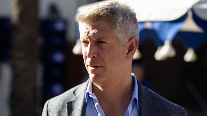 Nov 7, 2023; Scottsdale, AZ, USA; Baltimore Orioles general manager Mike Elias speaks to the media during the MLB General Manager's Meetings at Omni Scottsdale Resort & Spa