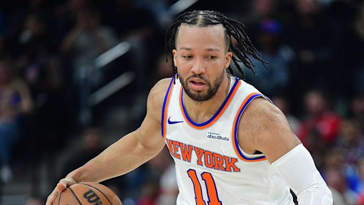 Mar 9, 2026; Inglewood, California, USA; New York Knicks guard Jalen Brunson (11) controls the ball against Los Angeles Clippers forward Derrick Jones Jr. (5) during the first half at Intuit Dome. Mandatory Credit: Gary A. Vasquez-Imagn Images