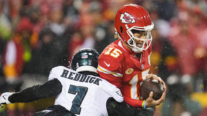 Kansas City Chiefs quarterback Patrick Mahomes (15) is sacked by Philadelphia Eagles linebacker Haason Reddick (7) 