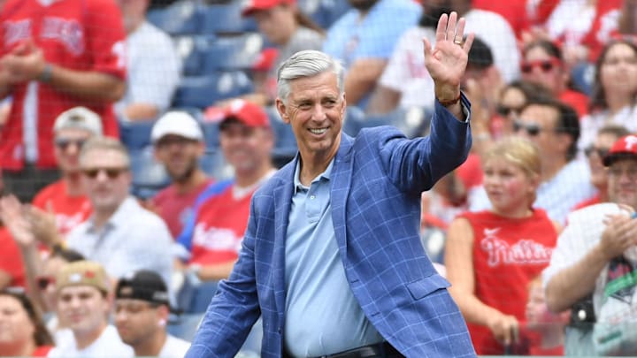 Aug 18, 2024; Philadelphia, Pennsylvania, USA; Former Philadelphia Phillies president Dave Dombrowski during Phillies Alumni Weekend and the 20th anniversary of Citizens Bank Park before game against the Washington Nationals at Citizens Bank Park. Aug 18, 2024; Philadelphia, Pennsylvania, USA; Former Philadelphia Phillies president Dave Dombrowski during Phillies Alumni Weekend and the 20th anniversary of Citizens Bank Park before game against the Washington Nationals at Citizens Bank Park.
