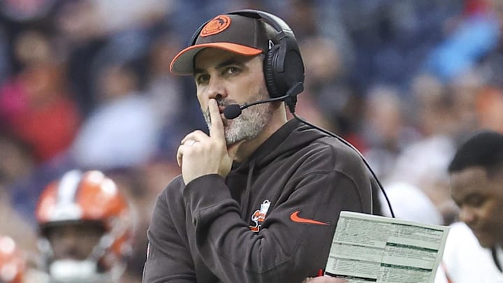 Dec 24, 2023; Houston, Texas, USA; Cleveland Browns head coach Kevin Stefanski looks on from the sideline during the fourth quarter against the Houston Texans at NRG Stadium. Mandatory Credit: Troy Taormina-Imagn Images