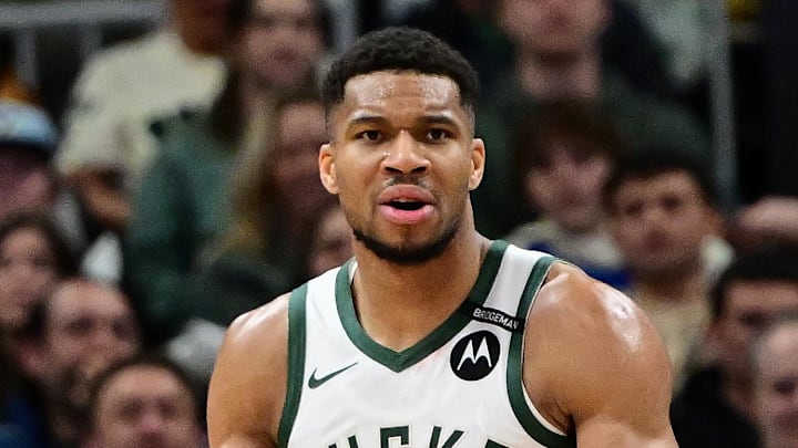 Milwaukee Bucks forward Giannis Antetokounmpo (34) reacts in the third quarter against the Los Angeles Lakers at Fiserv Forum on March 13, 2025. Milwaukee Bucks forward Giannis Antetokounmpo (34) reacts in the third quarter against the Los Angeles Lakers at Fiserv Forum on March 13, 2025.