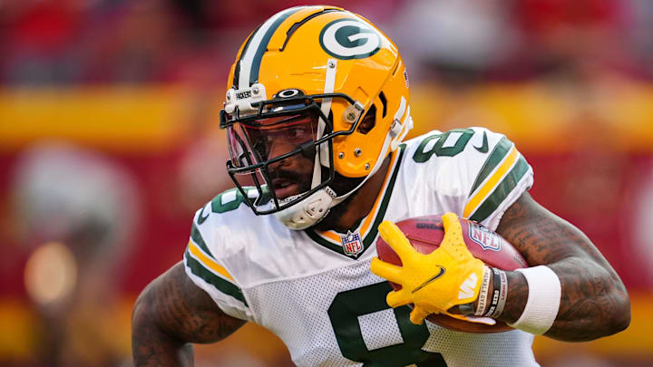 Green Bay Packers wide receiver Amari Rodgers (8) returns a kickoff against the Kansas City Chiefs during the first half at GEHA Field at Arrowhead Stadium.