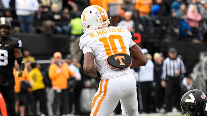Nov 30, 2024; Nashville, Tennessee, USA;  Tennessee Volunteers wide receiver Mike Matthews (10) makes a touchdown catch  against the Vanderbilt Commodores during the second half at FirstBank Stadium. Mandatory Credit: Steve Roberts-Imagn Images